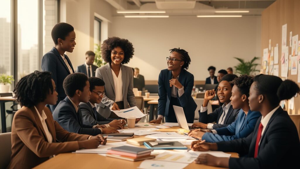 A group of African professionals learning together around a table
